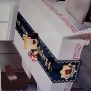 Happy Passover Table Runner Matzoh Wine  Holiday Symbols Blue Gold 14"x 72" NEW